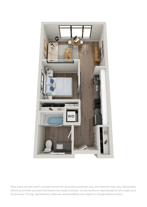 a stylized floor plan with a bedroom and a bathroom